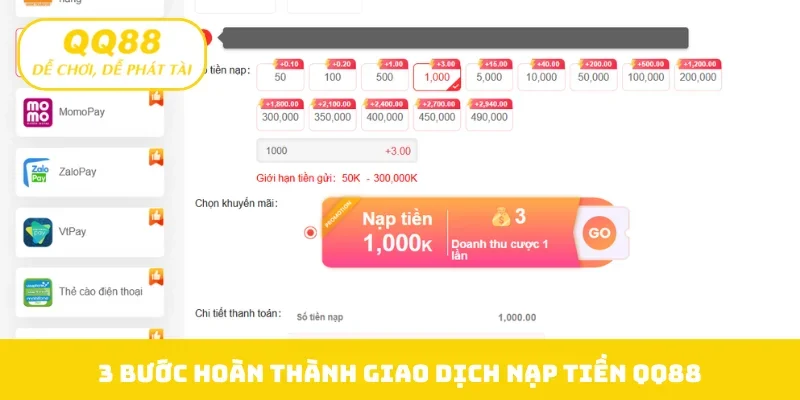 3 bước hoàn thành giao dịch nạp tiền QQ88